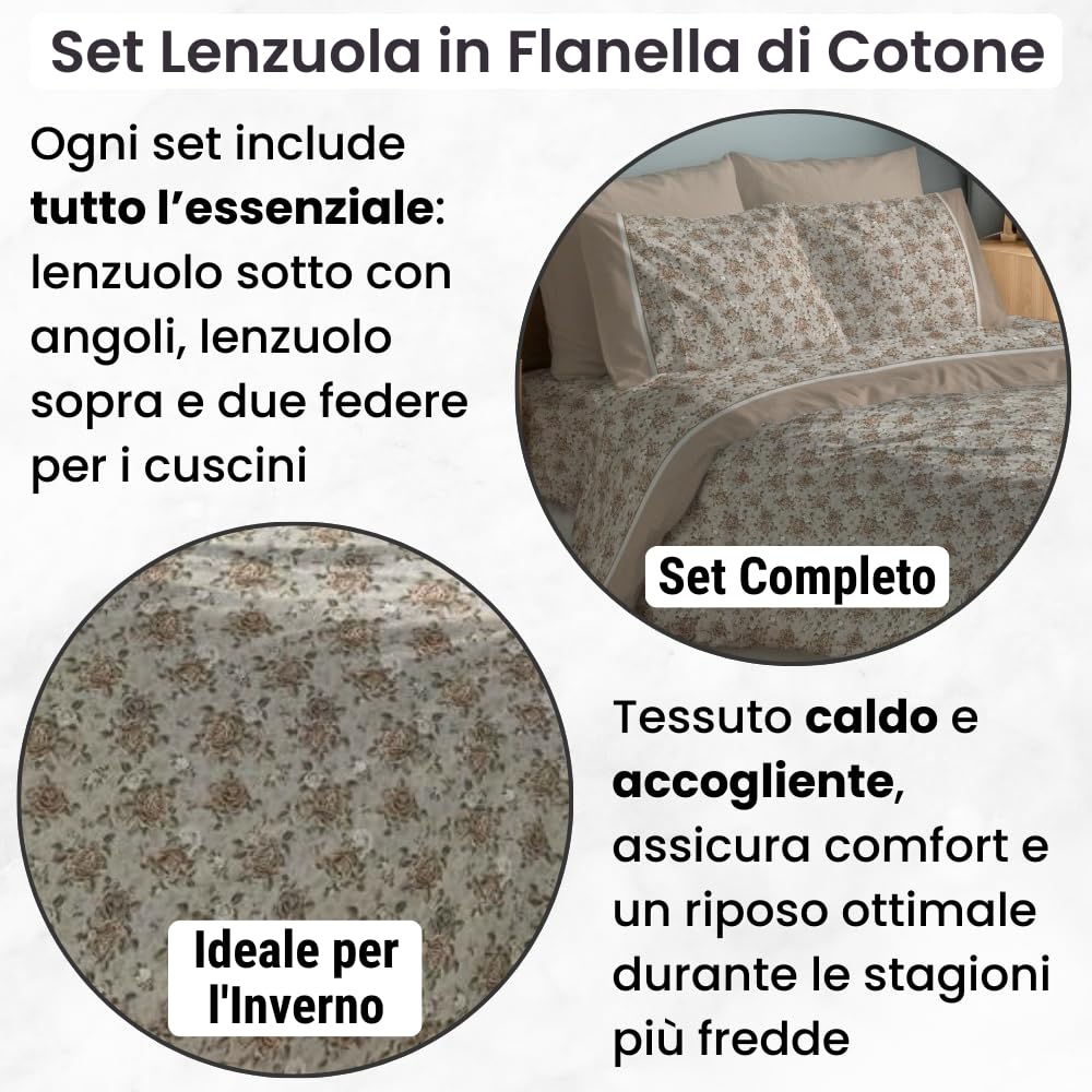 NARCISO Lenzuola di Flanella Made in Italy, Completo Lenzuola di Flanella in Cotone
