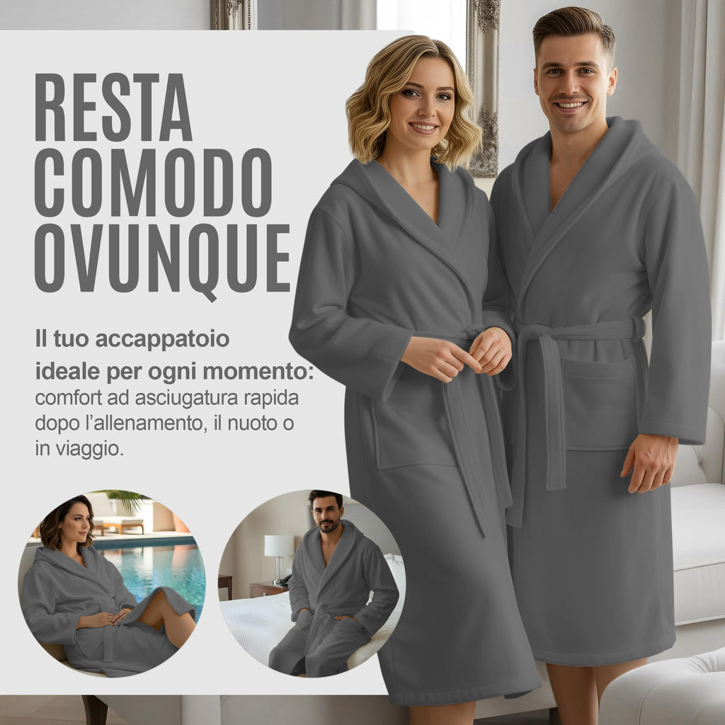 Accappatoio UNISEX Microfibra con Tasche Cappuccio e Cintura, Ideale per Casa, Viaggio, Palestra, Tessuto Morbido e Comodo, da S a XXL