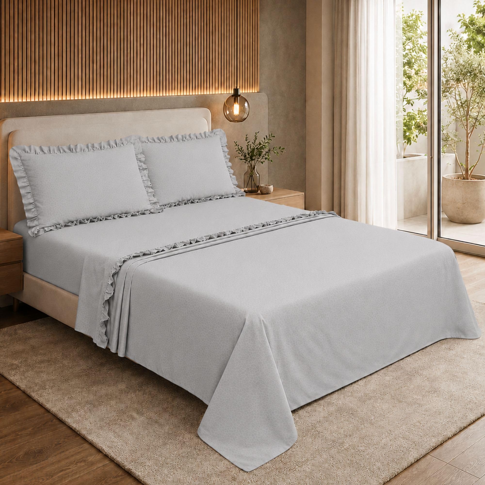 Completo Lenzuola con Volant, Microfibra Embossed Traspirante ed Anallergica