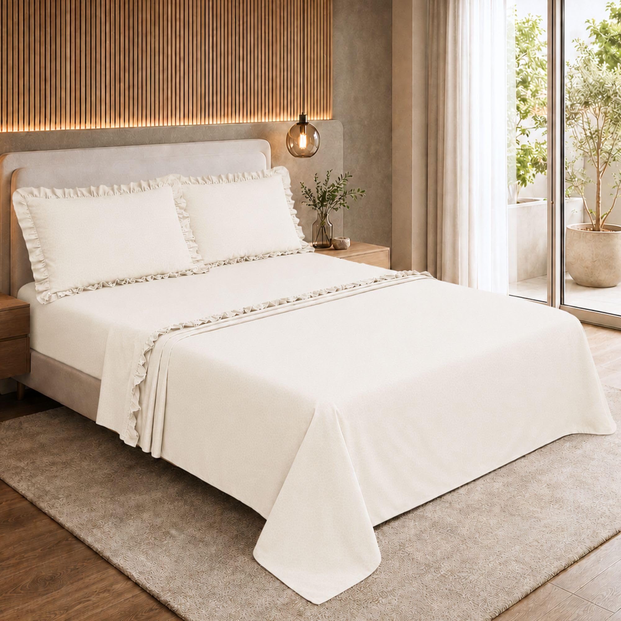 Completo Lenzuola con Volant, Microfibra Embossed Traspirante ed Anallergica
