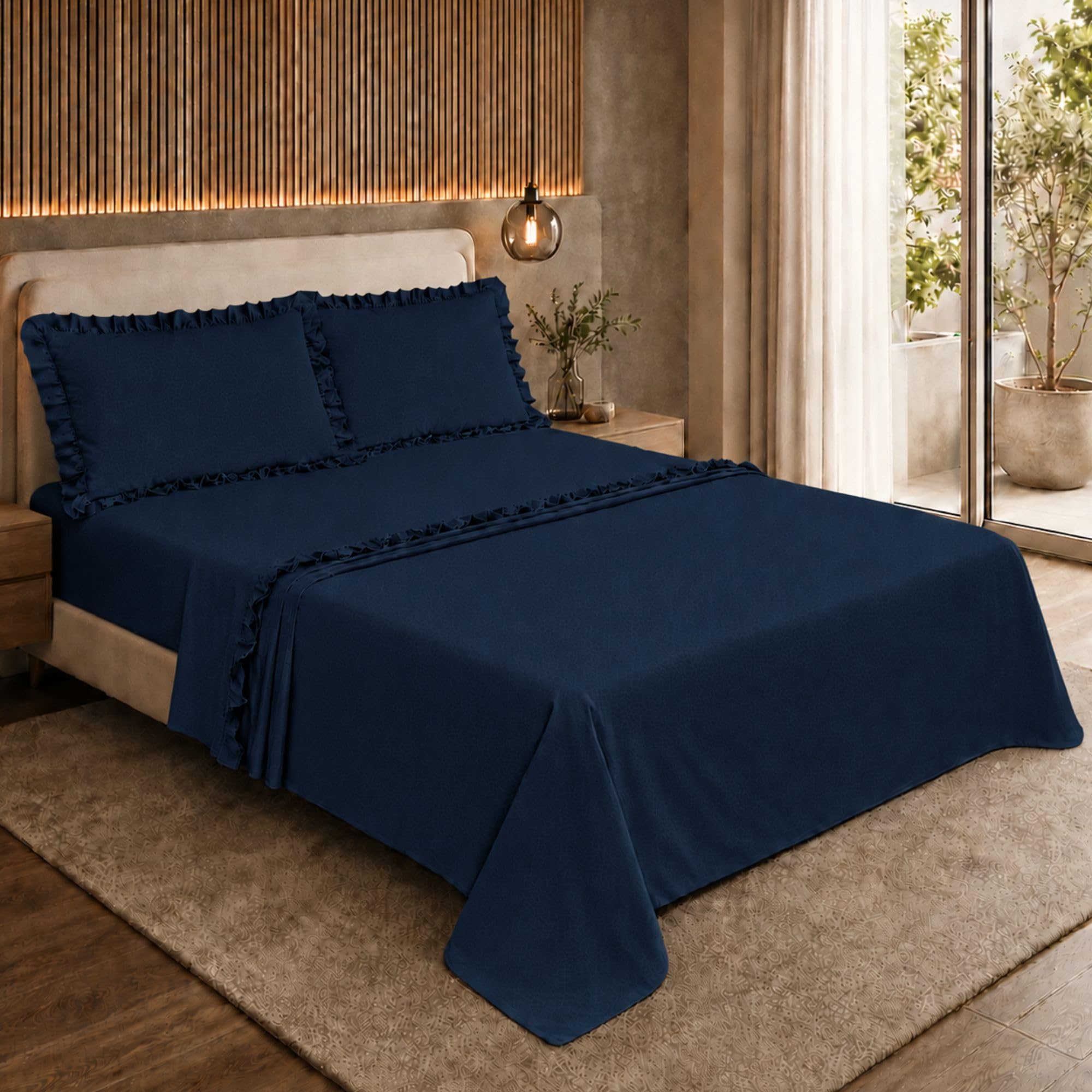 Completo Lenzuola con Volant, Microfibra Embossed Traspirante ed Anallergica