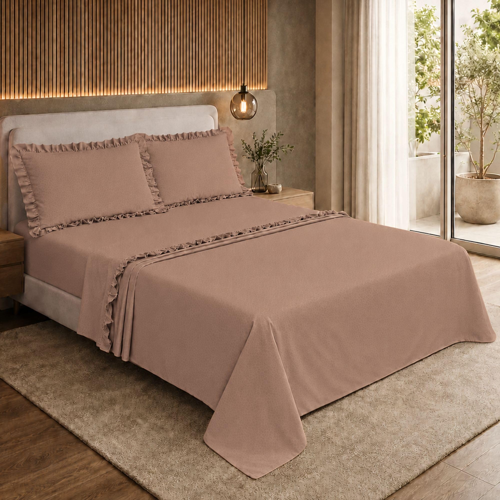 Completo Lenzuola con Volant, Microfibra Embossed Traspirante ed Anallergica
