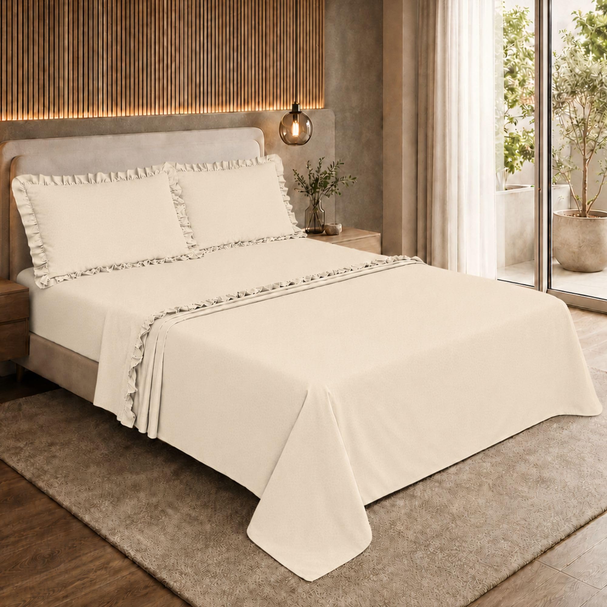 Completo Lenzuola con Volant, Microfibra Embossed Traspirante ed Anallergica
