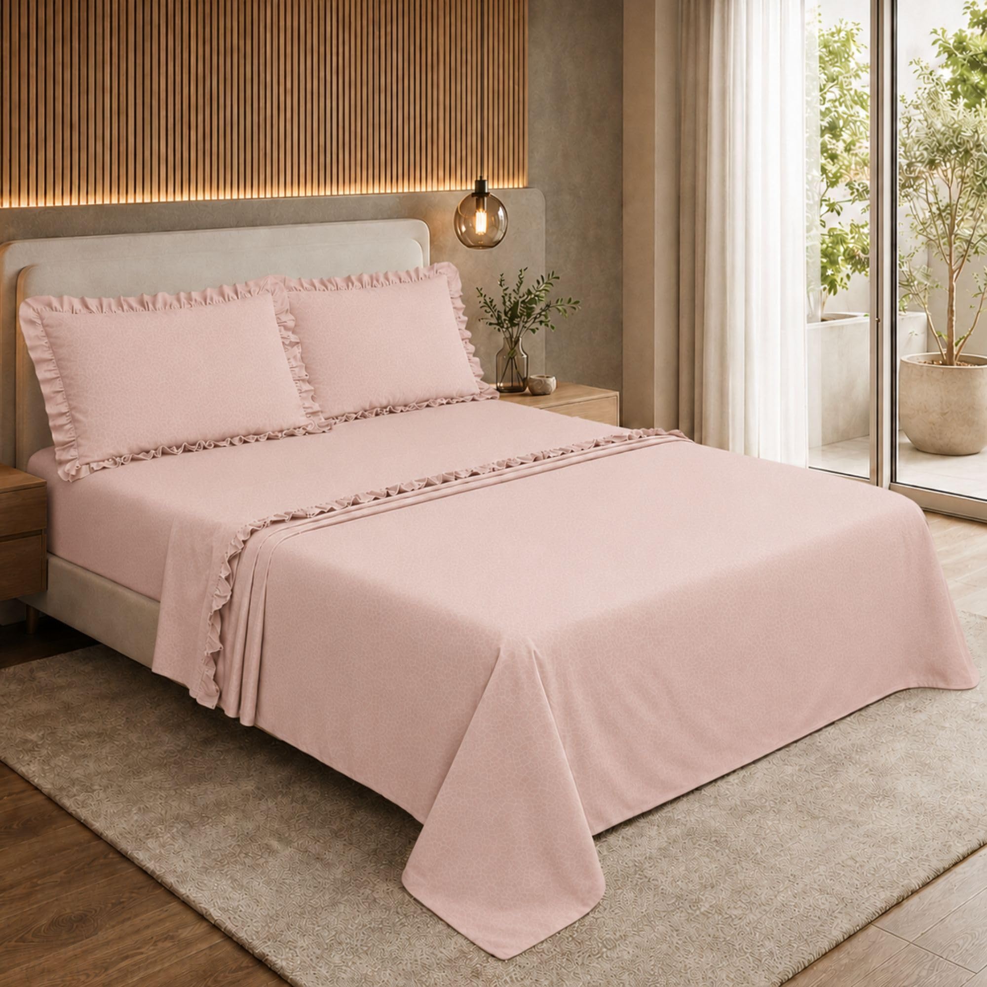 Completo Lenzuola con Volant, Microfibra Embossed Traspirante ed Anallergica