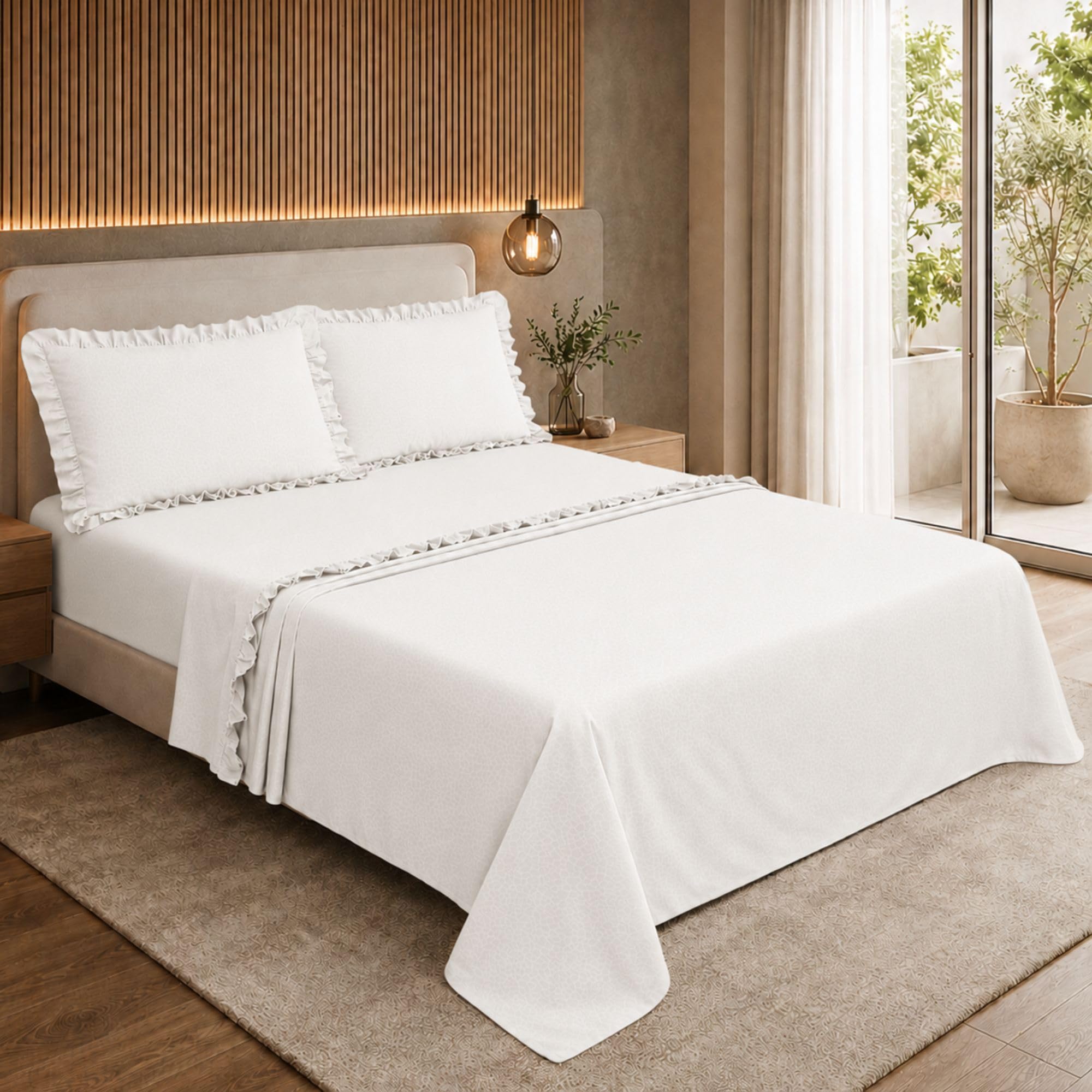 Completo Lenzuola con Volant, Microfibra Embossed Traspirante ed Anallergica