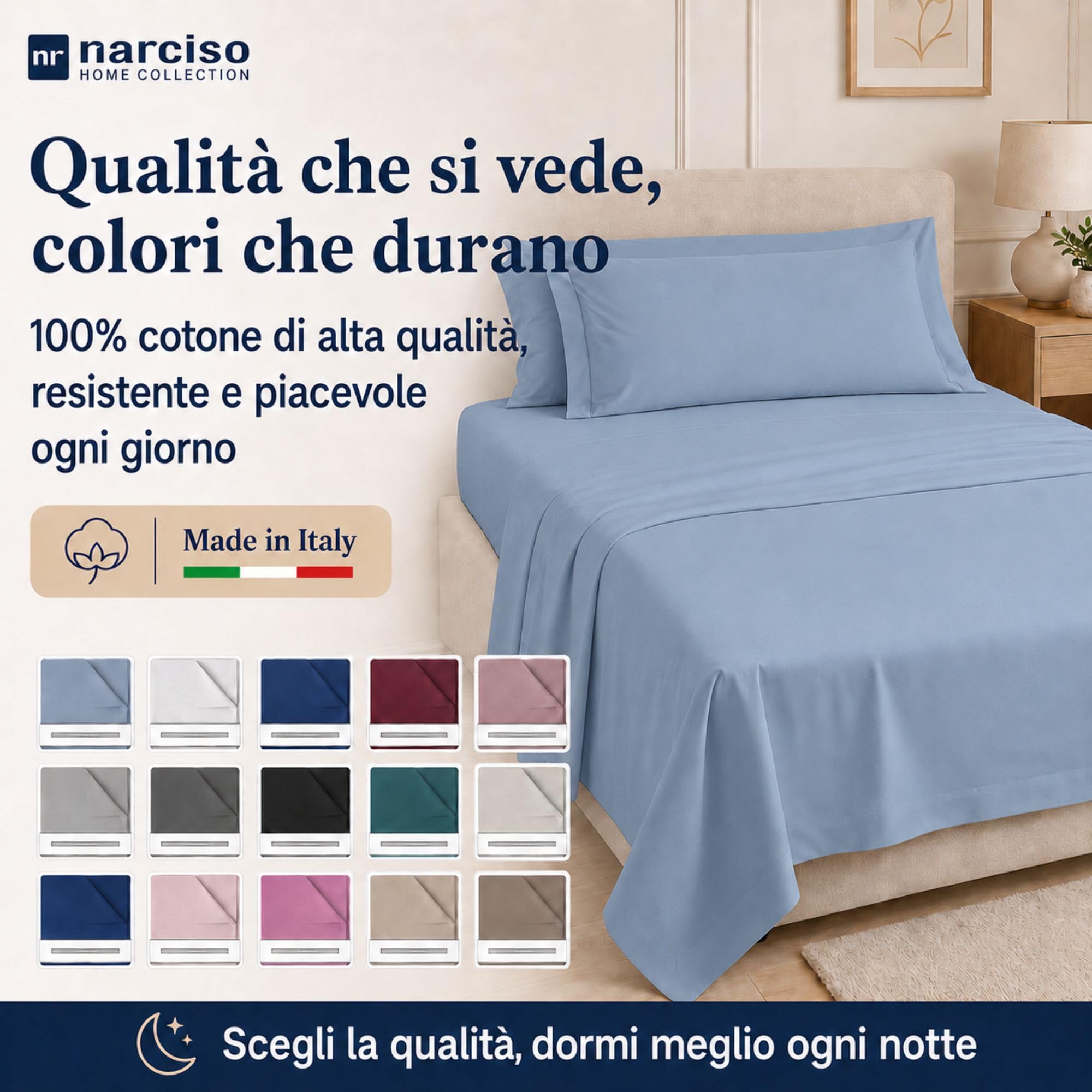 Lenzuolo Sopra 100% Cotone, Anallergico e Traspirante Abbinabile alle Nostre Federe e Lenzuolo con Angoli in Cotone, Made in Italy