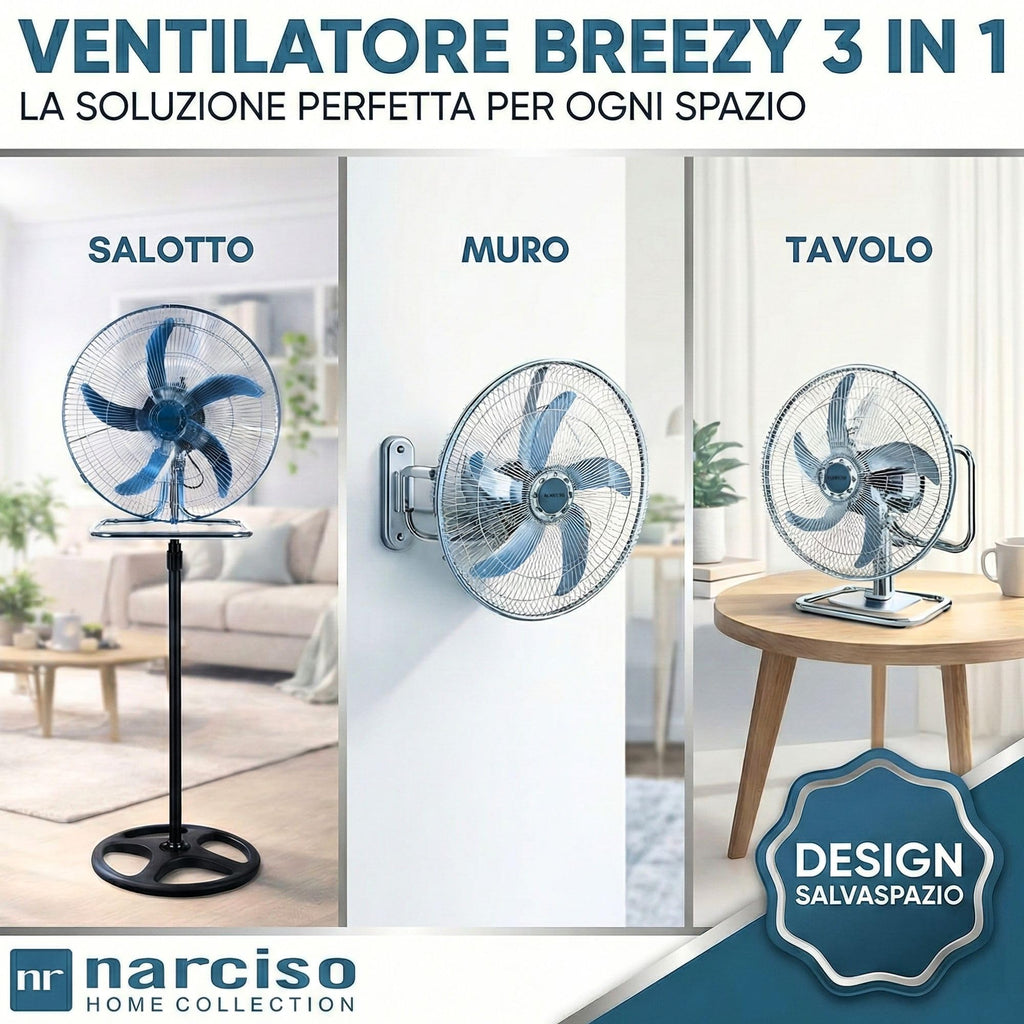 Ventilatore a Colonna Silenzioso 3 in 1, Utilizzabile a Piantana (Regolabile fino a 125cm), a Parete ed a Muro, Ventilatore a Pale Aria Fredda Grande 3 Velocità, Sistema Antiribaltamento