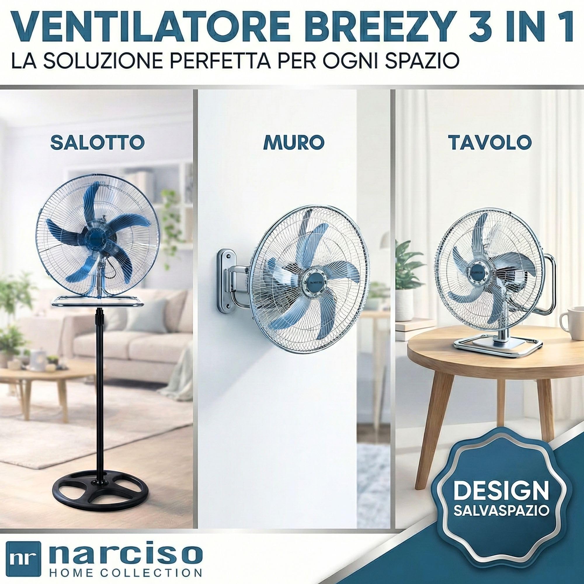 Ventilatore a Colonna Silenzioso 3 in 1, Utilizzabile a Piantana (Regolabile fino a 125cm), a Parete ed a Muro, Ventilatore a Pale Aria Fredda Grande 3 Velocità, Sistema Antiribaltamento