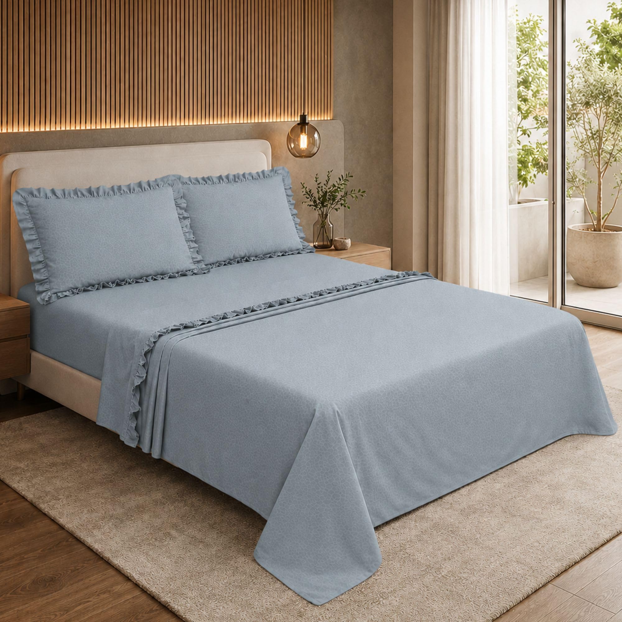 Completo Lenzuola con Volant, Microfibra Embossed Traspirante ed Anallergica