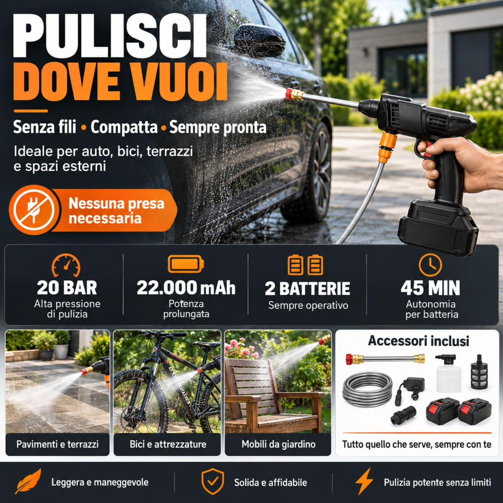 Idropulitrice a Batteria Portatile con 2 Batterie da 45 Minuti di Autonomia e Ricarica Veloce in 4 Ore, Pistola ad Alta Pressione 22.000 MAH - 20 BAR, Completa di Accessori Indicati in Descrizione