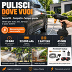 Idropulitrice a Batteria Portatile con 2 Batterie da 45 Minuti di Autonomia e Ricarica Veloce in 4 Ore, Pistola ad Alta Pressione 22.000 MAH - 20 BAR, Completa di Accessori Indicati in Descrizione
