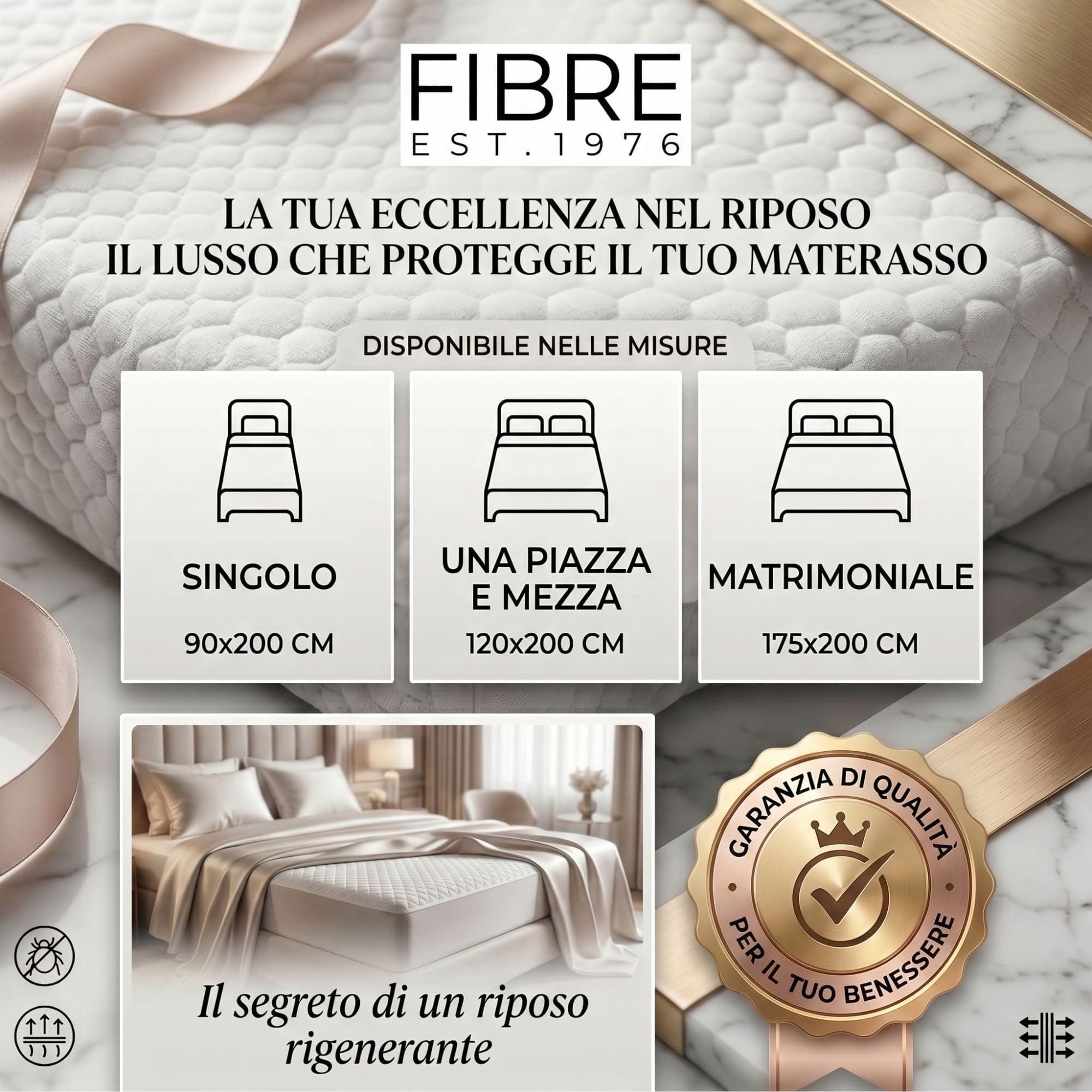 FIBRE EST. 1976 - Coprimaterasso in Cotone con Elastico agli Angoli, Copri Materasso Antiacaro in Spugna Anallergica, Effetto Massaggiante e Non Scivola
