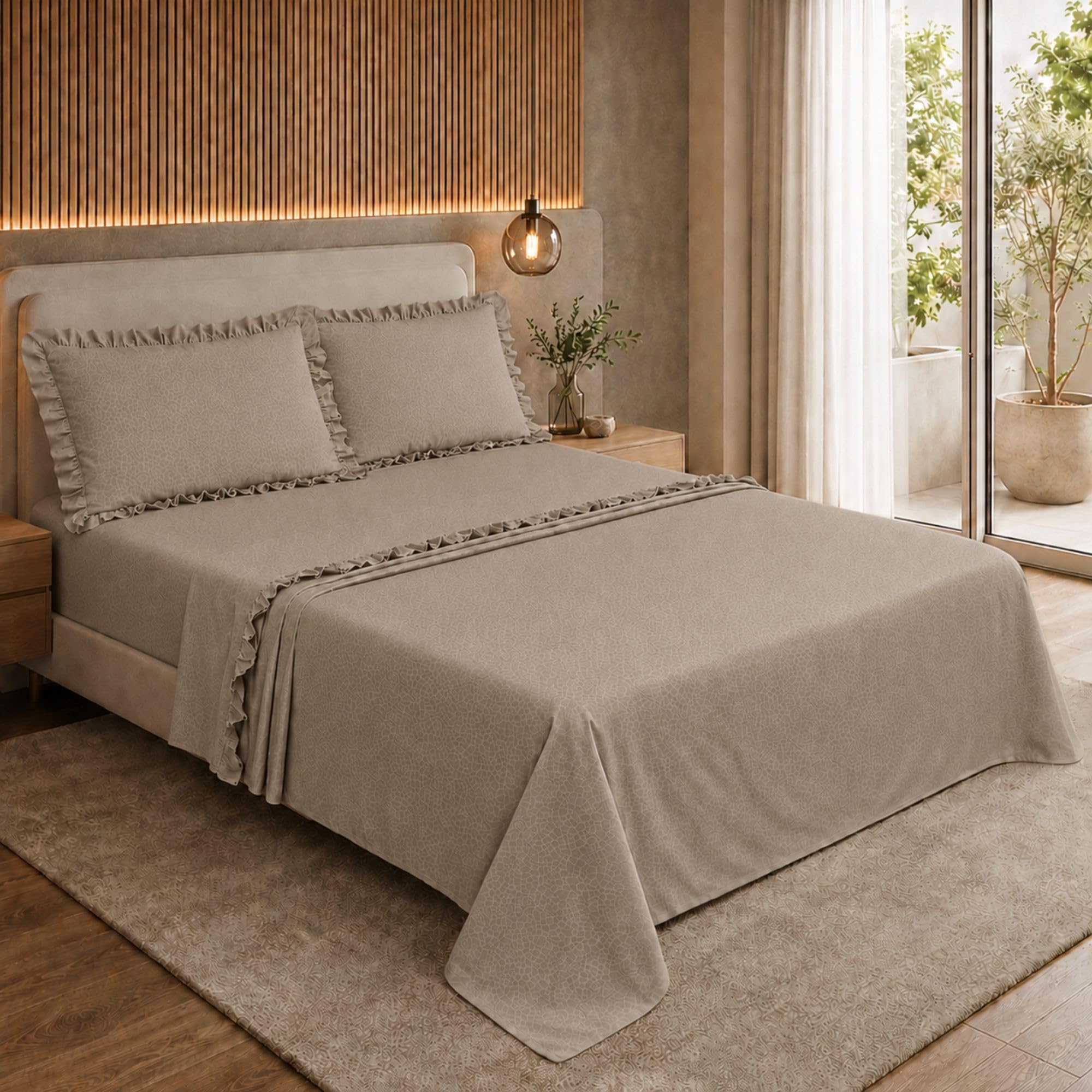 Completo Lenzuola con Volant, Microfibra Embossed Traspirante ed Anallergica
