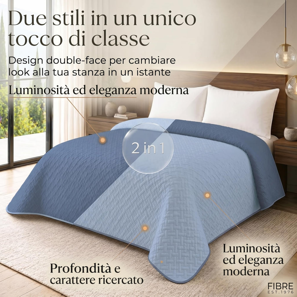 Trapunta Matrimoniale Primaverile in Microfibra Manopesca Vellutata sulla Pelle, Copriletto Matrimoniale Traspirante e Termoregolatore, Trapuntino Celeste/Blu