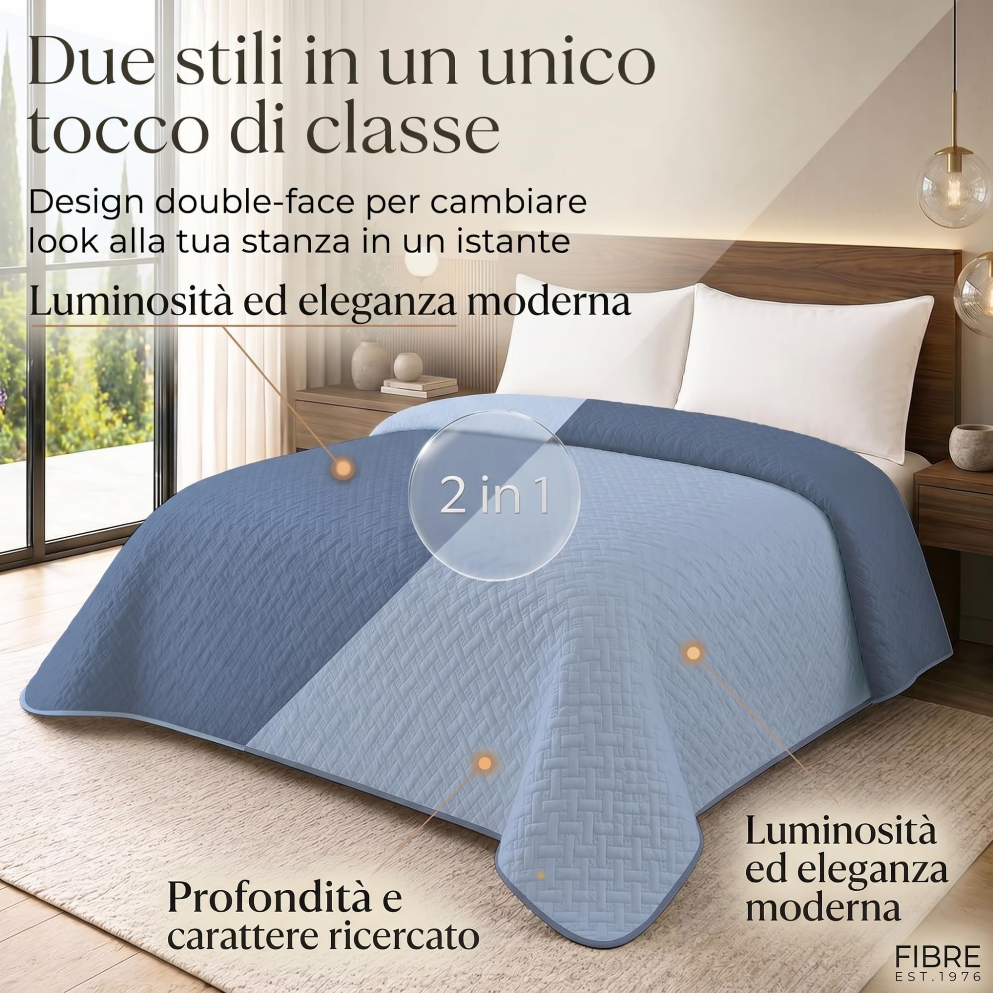 Trapunta Matrimoniale Primaverile in Microfibra Manopesca Vellutata sulla Pelle, Copriletto Matrimoniale Traspirante e Termoregolatore, Trapuntino Celeste/Blu
