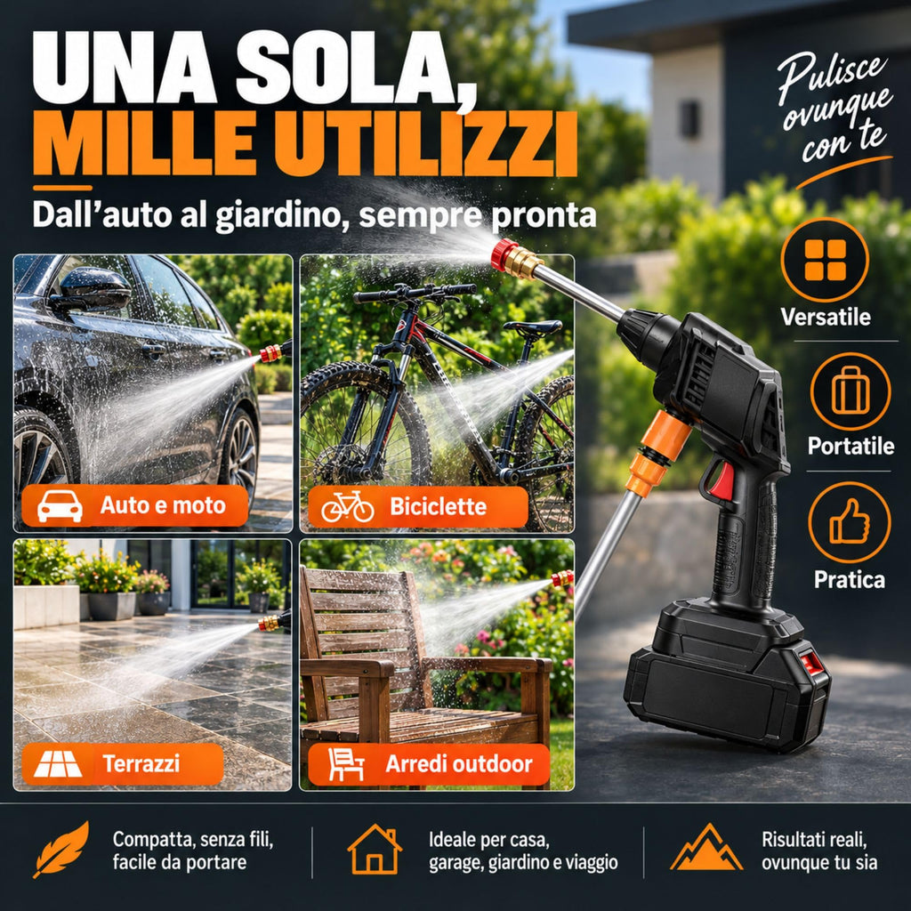 Idropulitrice a Batteria Portatile con 2 Batterie da 45 Minuti di Autonomia e Ricarica Veloce in 4 Ore, Pistola ad Alta Pressione 22.000 MAH - 20 BAR, Completa di Accessori Indicati in Descrizione