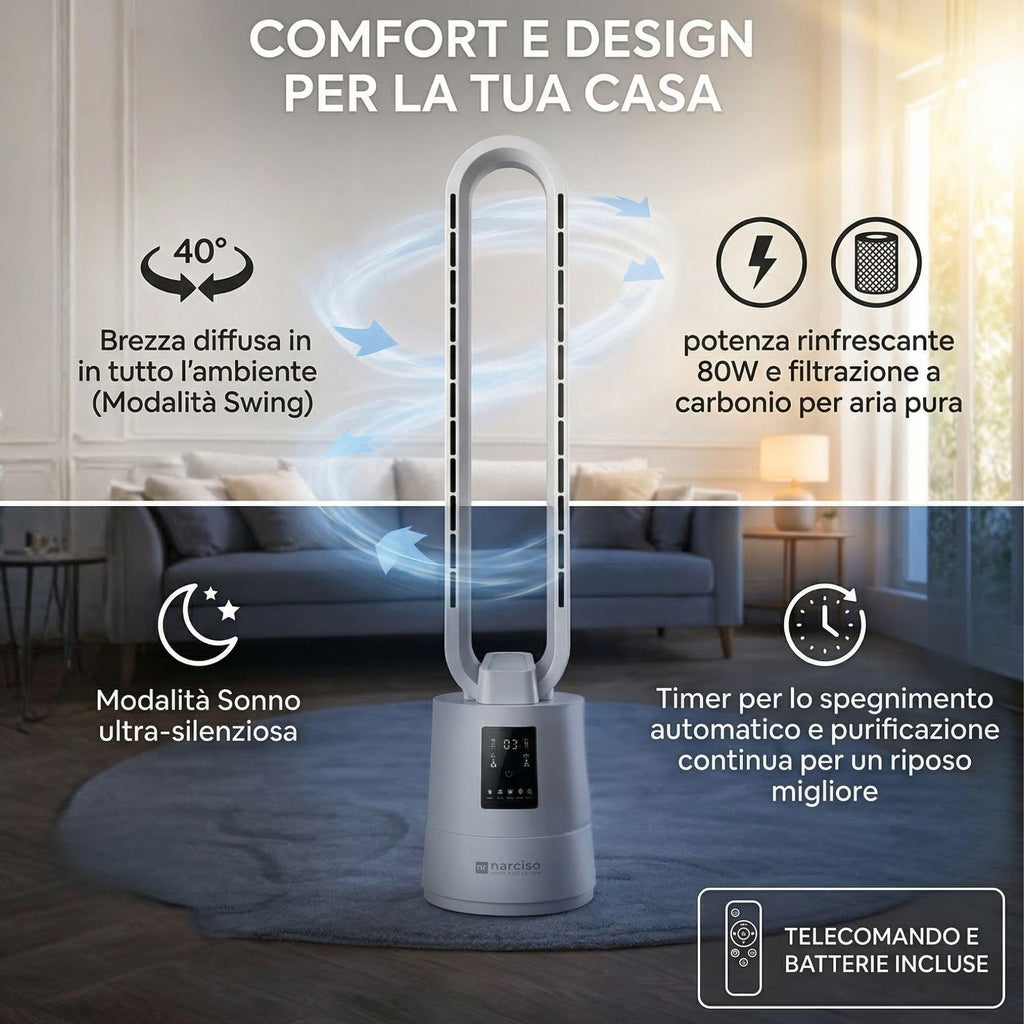 Ventilatore a Torre Senza Pale con Telecomando, Potente, Portatile, Silenzioso a Basso Consumo Energetico
