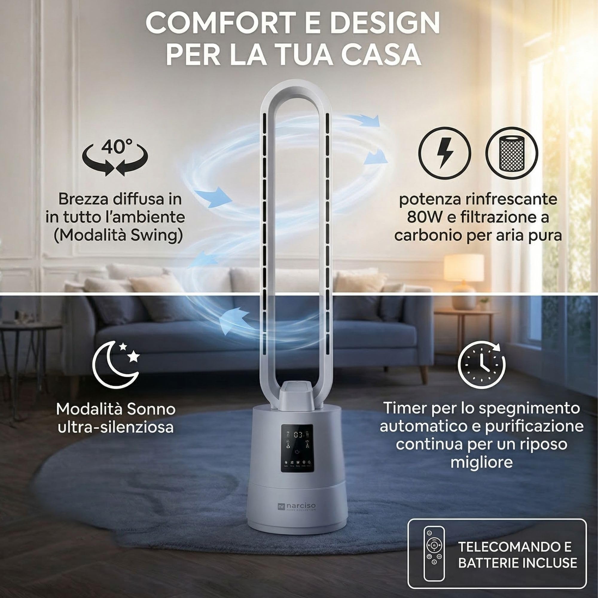 Ventilatore a Torre Senza Pale con Telecomando, Potente, Portatile, Silenzioso a Basso Consumo Energetico