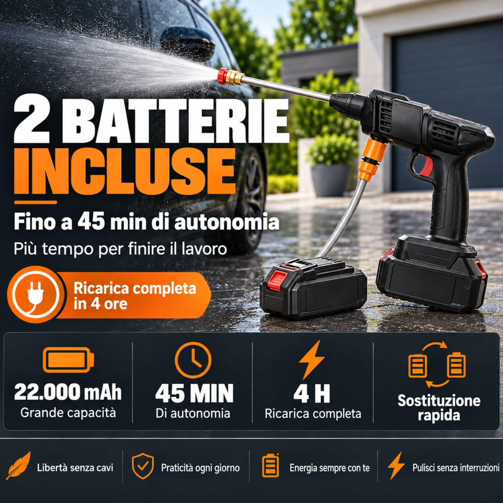 Idropulitrice a Batteria Portatile con 2 Batterie da 45 Minuti di Autonomia e Ricarica Veloce in 4 Ore, Pistola ad Alta Pressione 22.000 MAH - 20 BAR, Completa di Accessori Indicati in Descrizione