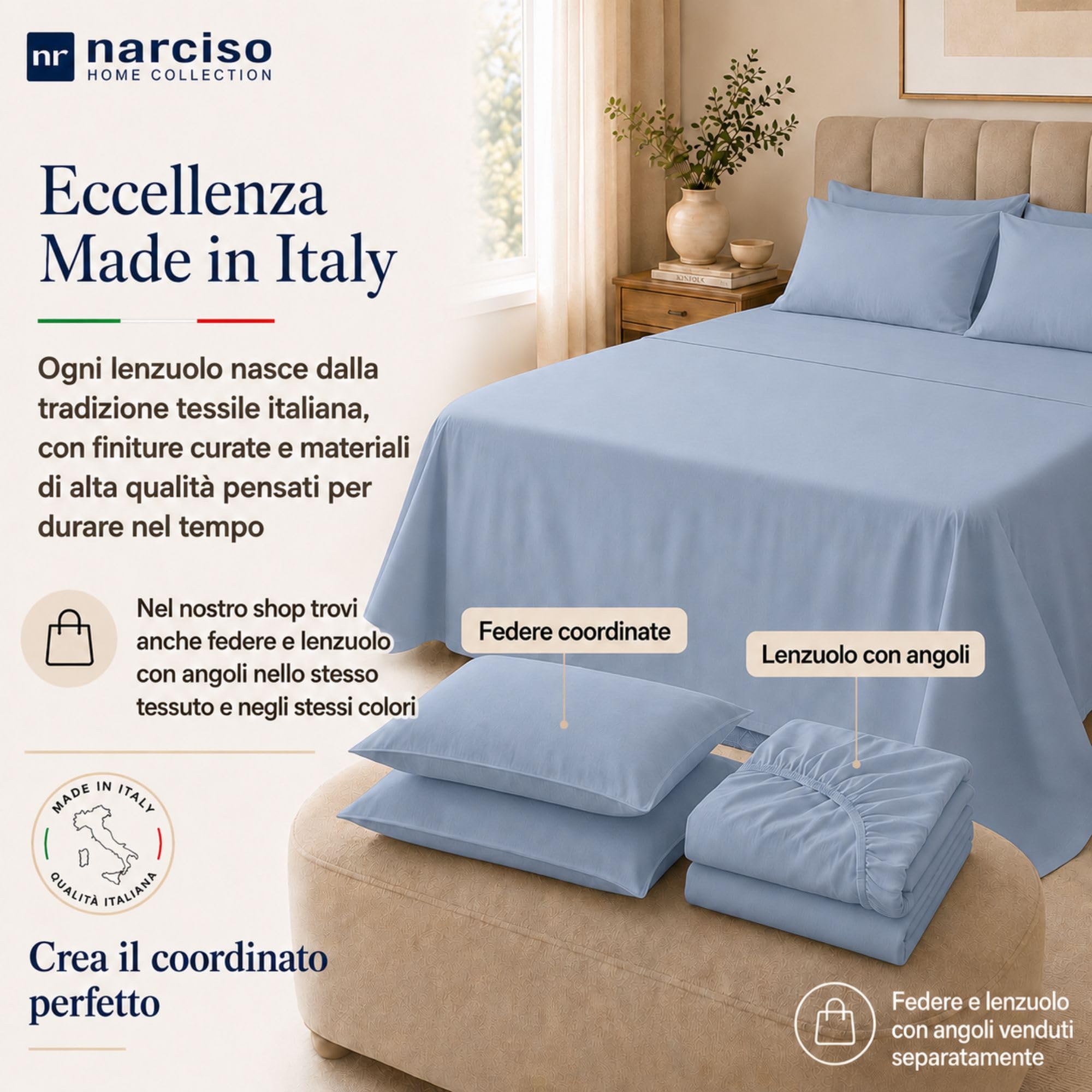 Lenzuolo Sopra 100% Cotone, Anallergico e Traspirante Abbinabile alle Nostre Federe e Lenzuolo con Angoli in Cotone, Made in Italy