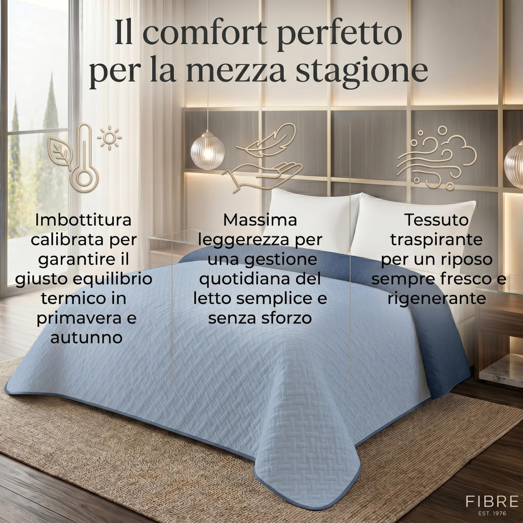 Trapunta Matrimoniale Primaverile in Microfibra Manopesca Vellutata sulla Pelle, Copriletto Matrimoniale Traspirante e Termoregolatore, Trapuntino Celeste/Blu
