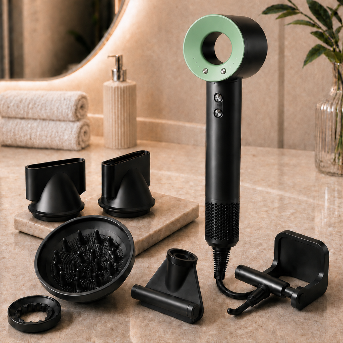 Asciugacapelli Ionico 1400W con Diffusore ed altri 6 Accessori per Capelli Sempre Perfetti, Phon Capelli Professionale con Flusso d'Aria Potente a Rapida Asciugatura